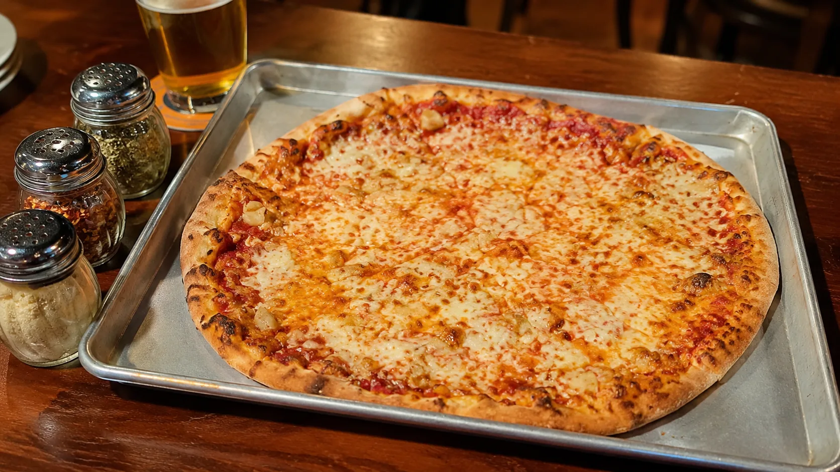 Margherita pizza on a patio table at Piece Brewery and Pizzeria Chicago