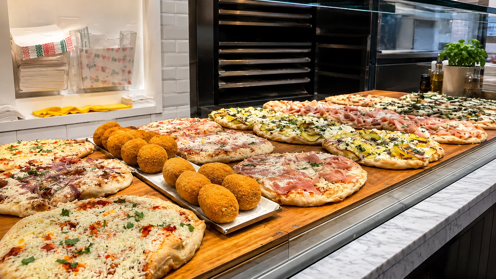 Pinsere Rome pinsa slices with cheese, vegetables, and casual street food toppings