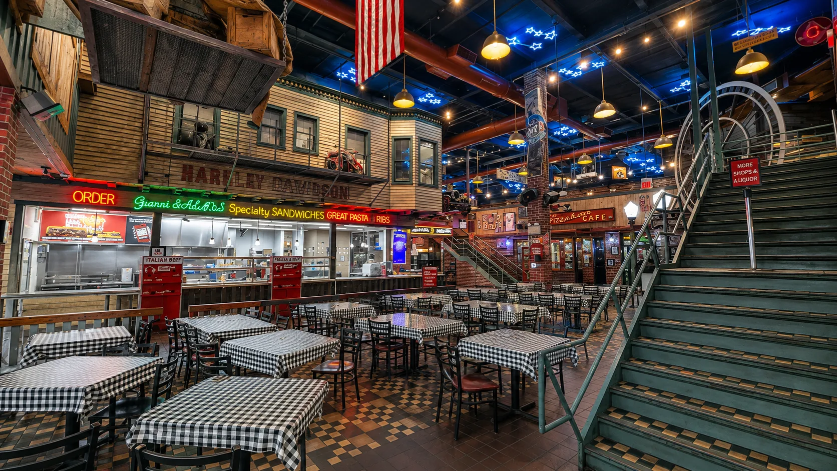 Classic Chicago food hall dining room at Portillo’s and Barnelli’s in River North