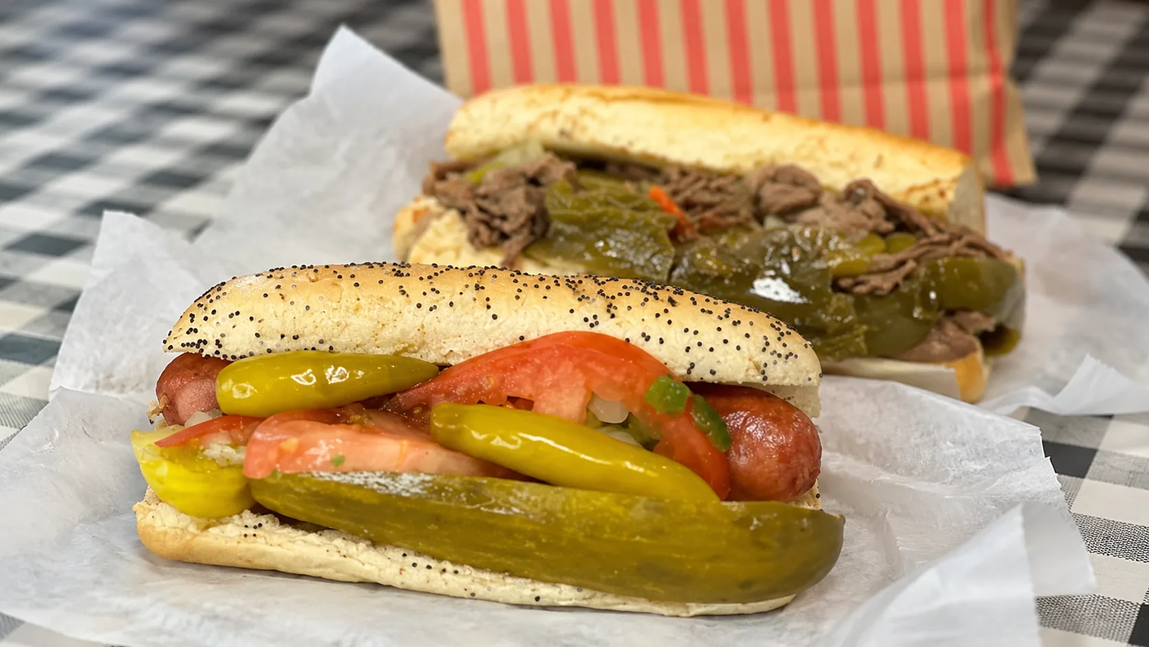 Chicago hot dog and Italian beef sandwich at Portillo’s and Barnelli’s Chicago