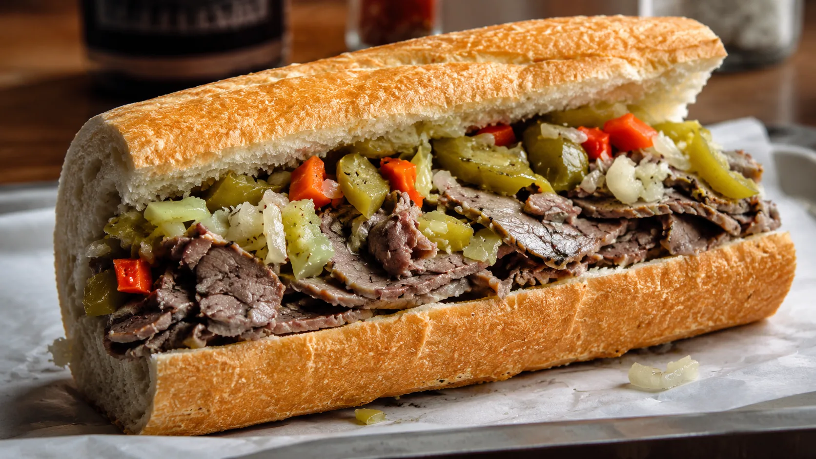 Italian beef sandwich with giardiniera at Portillo’s and Barnelli’s Chicago
