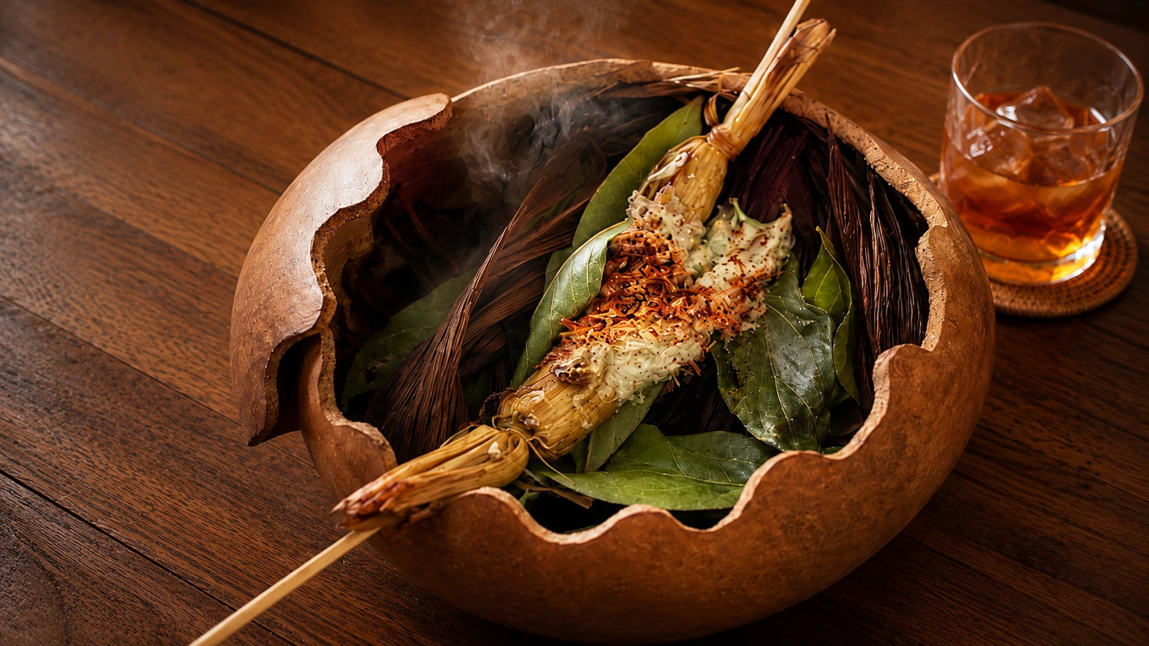 Pujol Mexico City small tasting dish on a skewer with cocktail