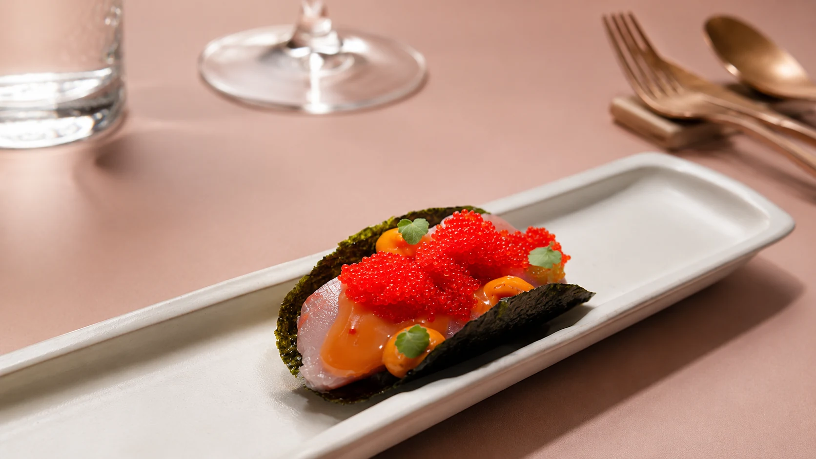 Slow&Low Barcelona tasting dishes, wine, and fine dining counter table