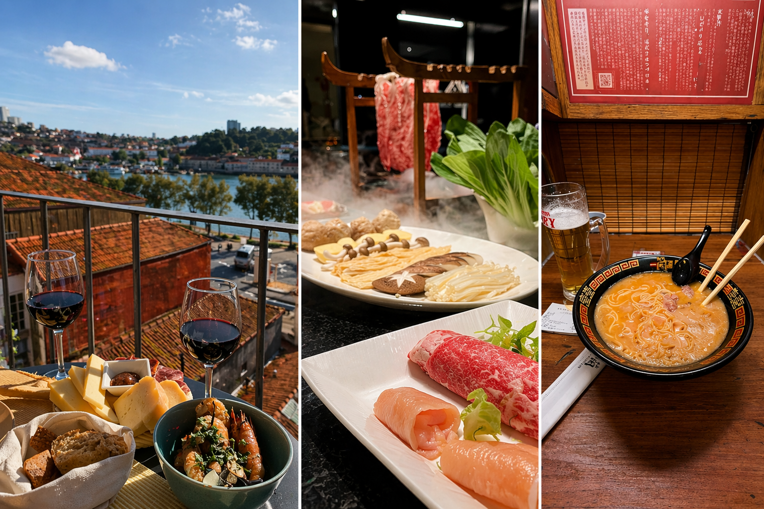 Collage of balcony meal, hotpot, and ramen