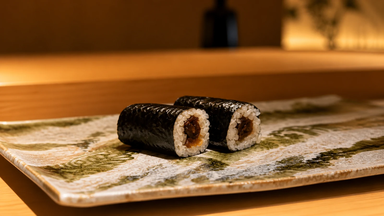 Sushi FUKUZUKA Tokyo maki sushi roll course served on a rectangular plate
