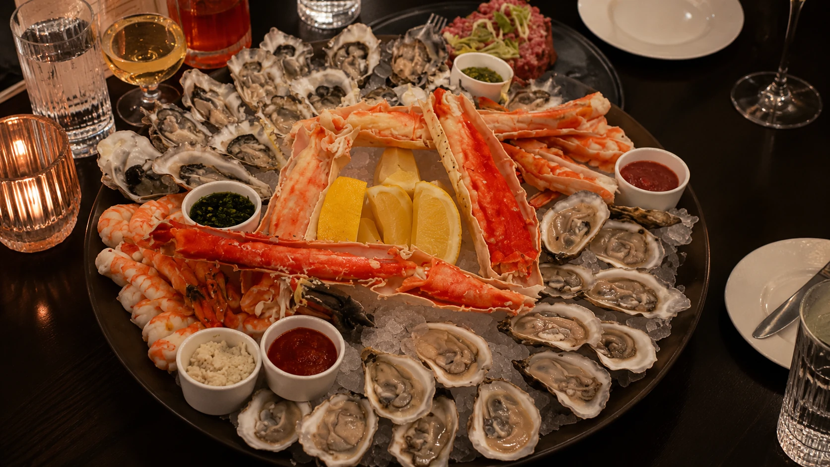 Large seafood tower with oysters and crab at Swift and Sons Chicago