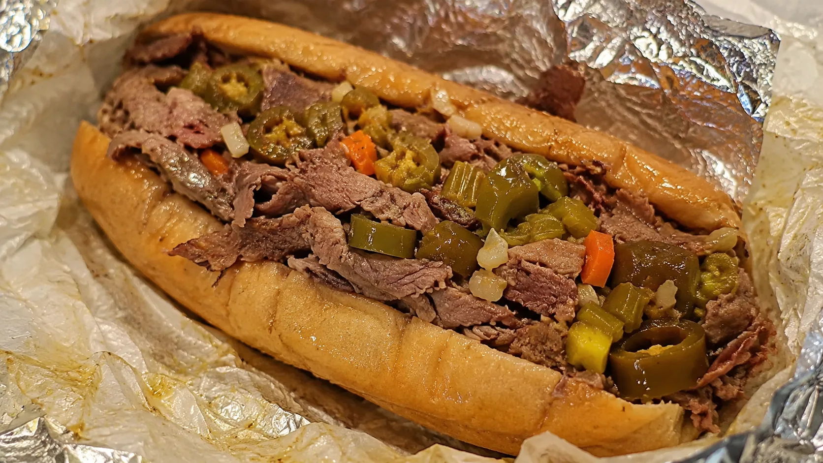 Italian beef sandwich with giardiniera at The Hat in Chicago