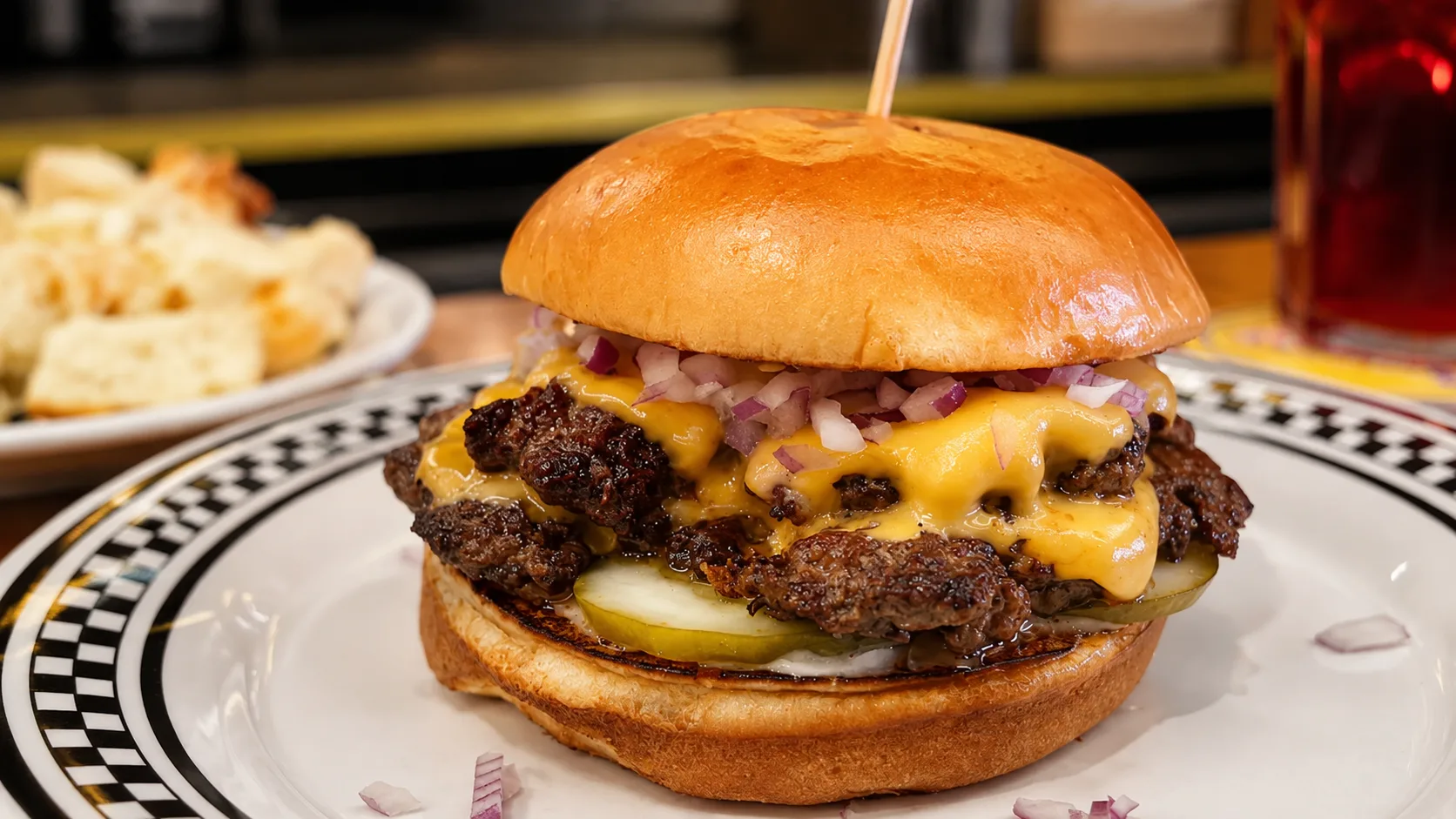 Double cheeseburger with pickles at The StopAlong in Chicago