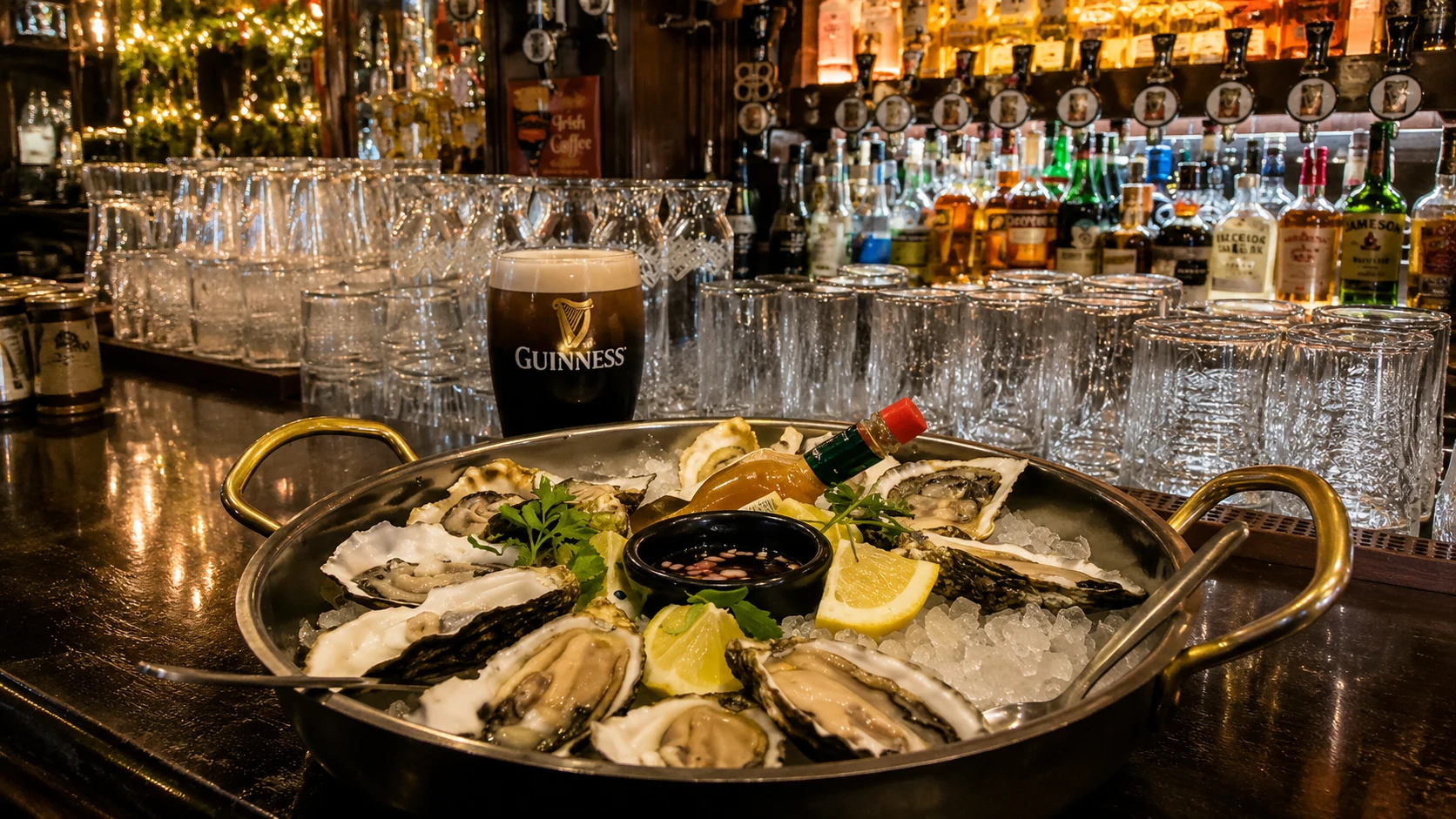 Drinks and dining table at The Temple Bar in Dublin, a famous pub spot