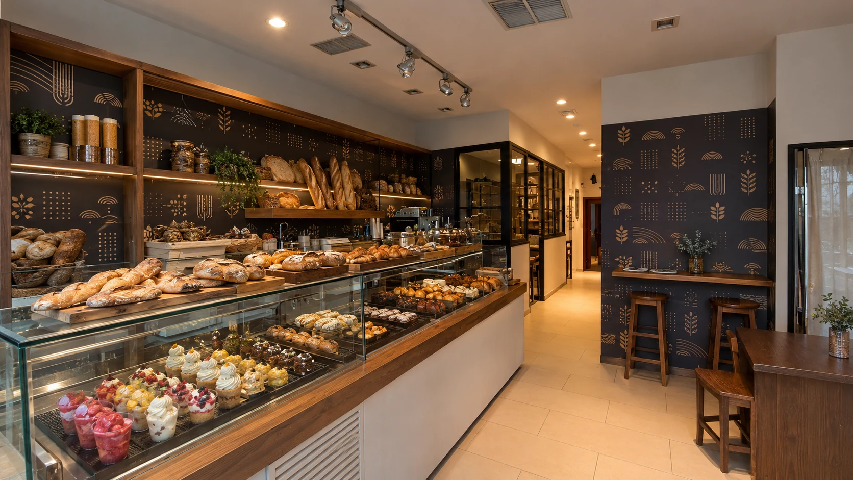 Villa Bakery Barcelona bakery counter with pastries and cafe seating