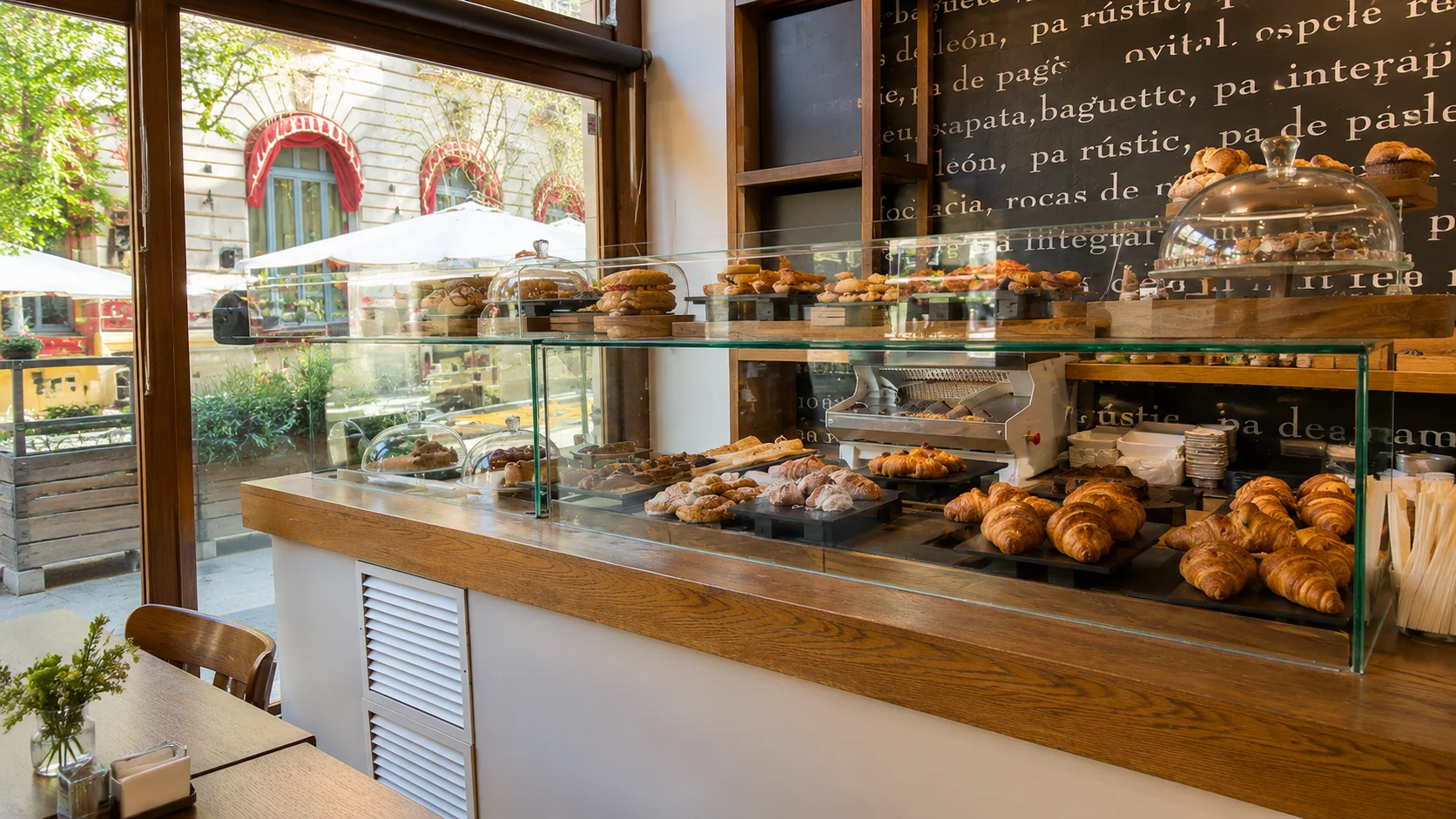 Villa Bakery Barcelona bakery case with croissants, pastries, and breads