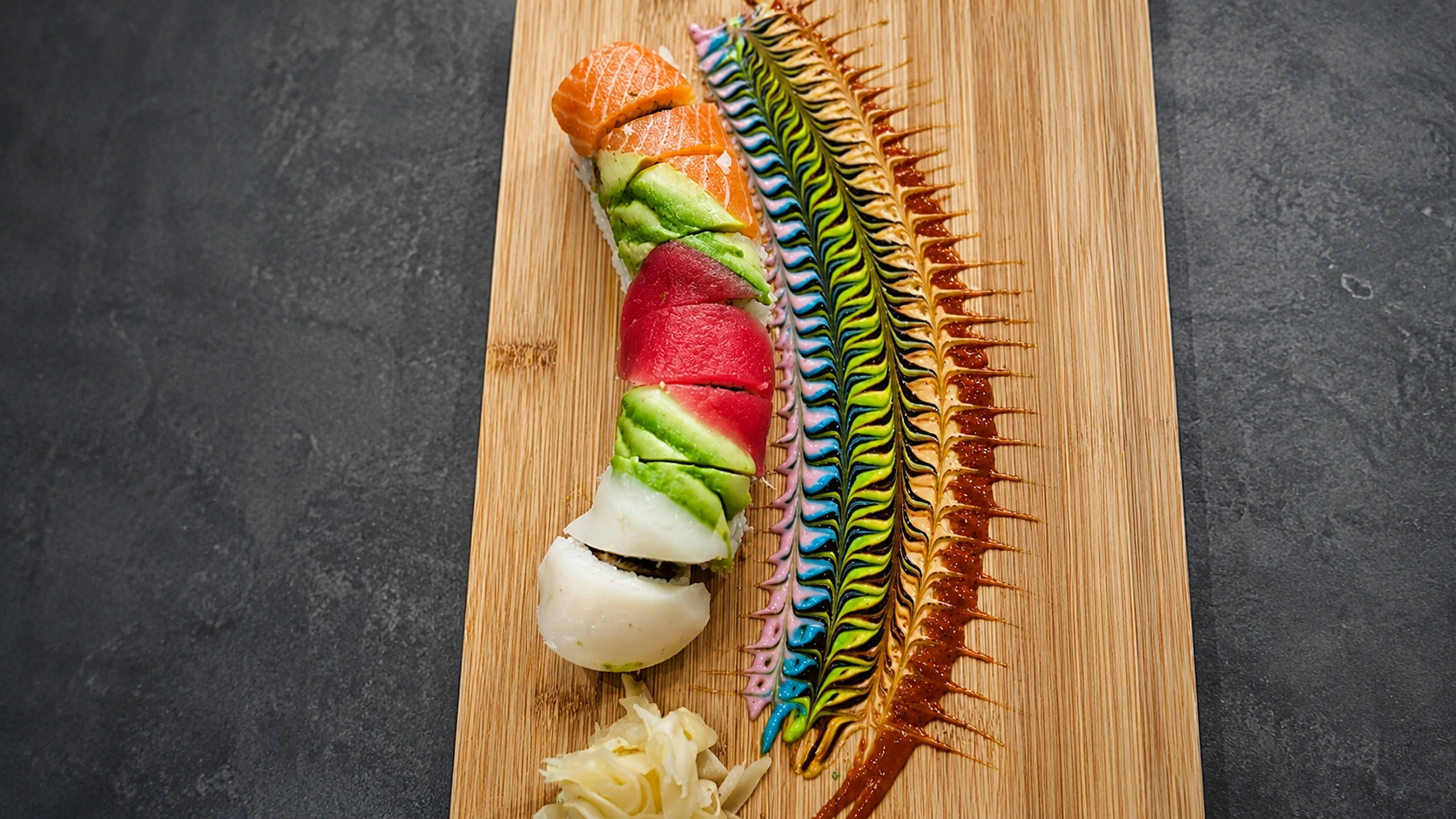 Colorful sushi roll with sauce art at Yuzu Japanese restaurant in Chicago