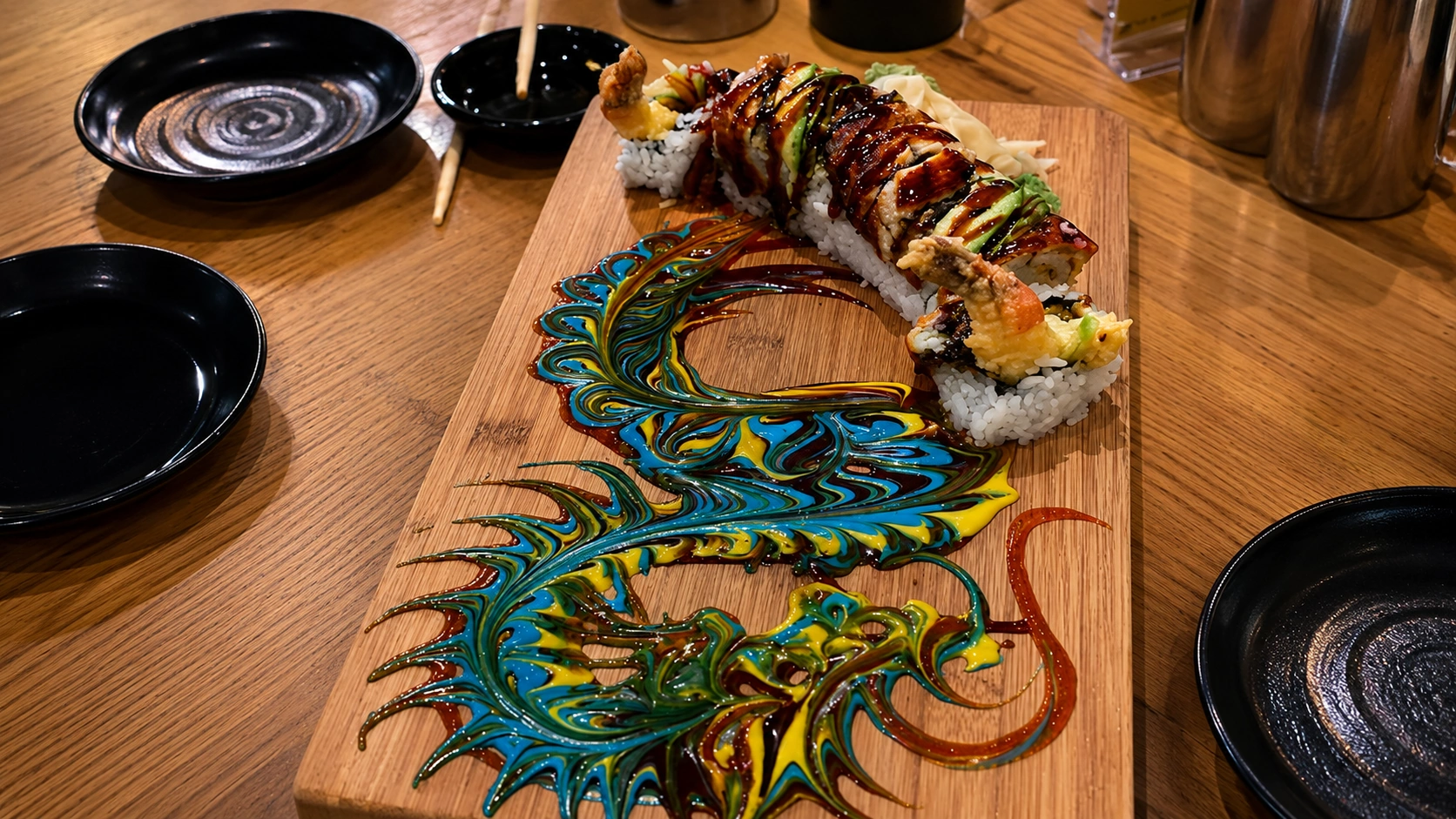 Dragon sushi roll with decorative sauce art at Yuzu Chicago